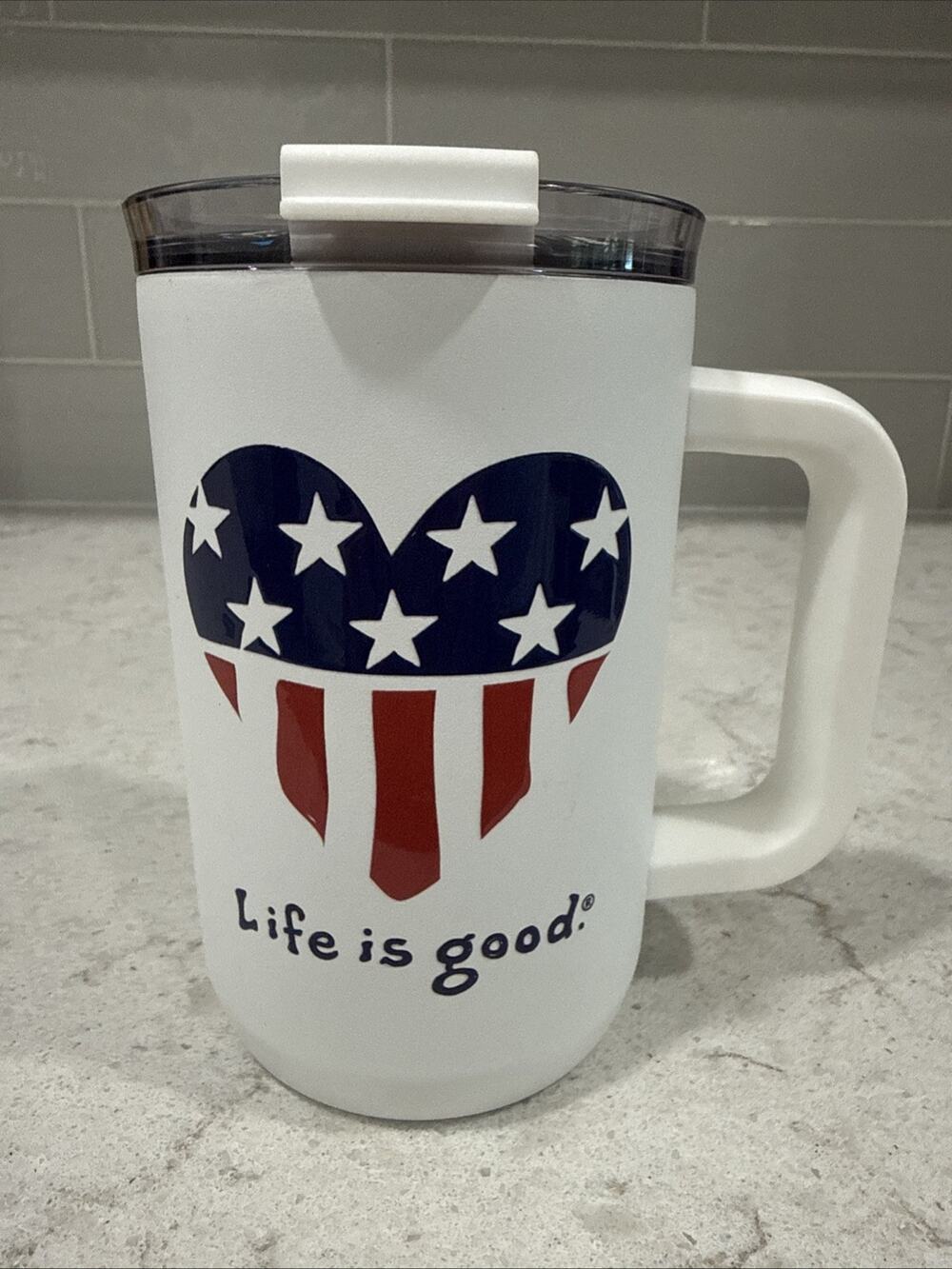 Life Is Good 18oz USA American Flag Heart Stainless Steel Coffee Mug with Handle